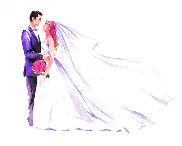 Γαμπρός Και Νύφη Λευκό Φόντο Ακουαρέλα Ζωγραφισμένα Στο Χέρι Εικονογράφηση — Φωτογραφία Αρχείου