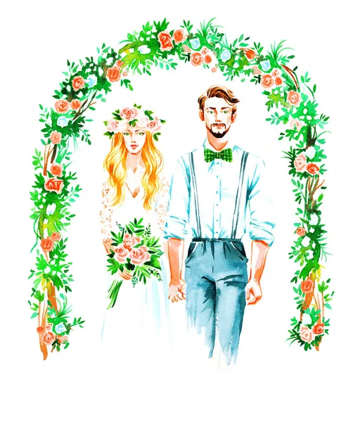 Ilustración Acuarela Los Novios Sobre Fondo Blanco Con Arco Floral — Foto de Stock