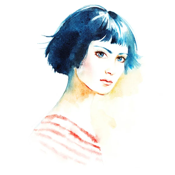 Krásná Mladá Žena Krátkými Vlasy Módní Ilustrace Akvarel — Stock fotografie