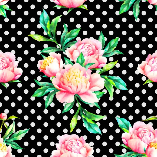 Watercolor Hand Paint Pink Peonies Leaves Seamless Pattern Template Textile — Stock Photo, Image