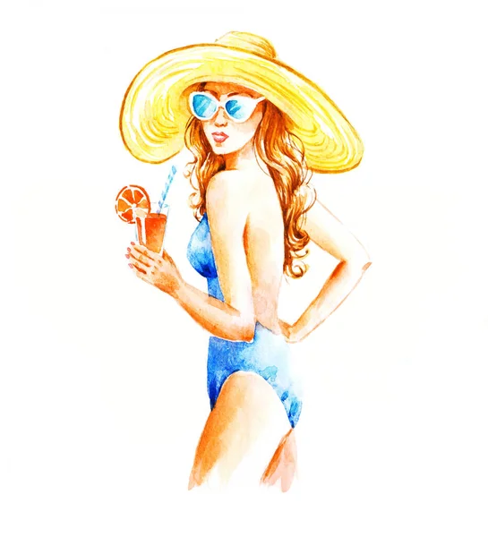帽子の女の子と水着とカクテルとサングラス 白い背景に水彩手描きイラスト — ストック写真