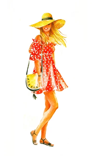 藁帽子とサングラスの女の子 赤いドレス 夏の表情 水彩手は白い背景にイラストを描いた — ストック写真