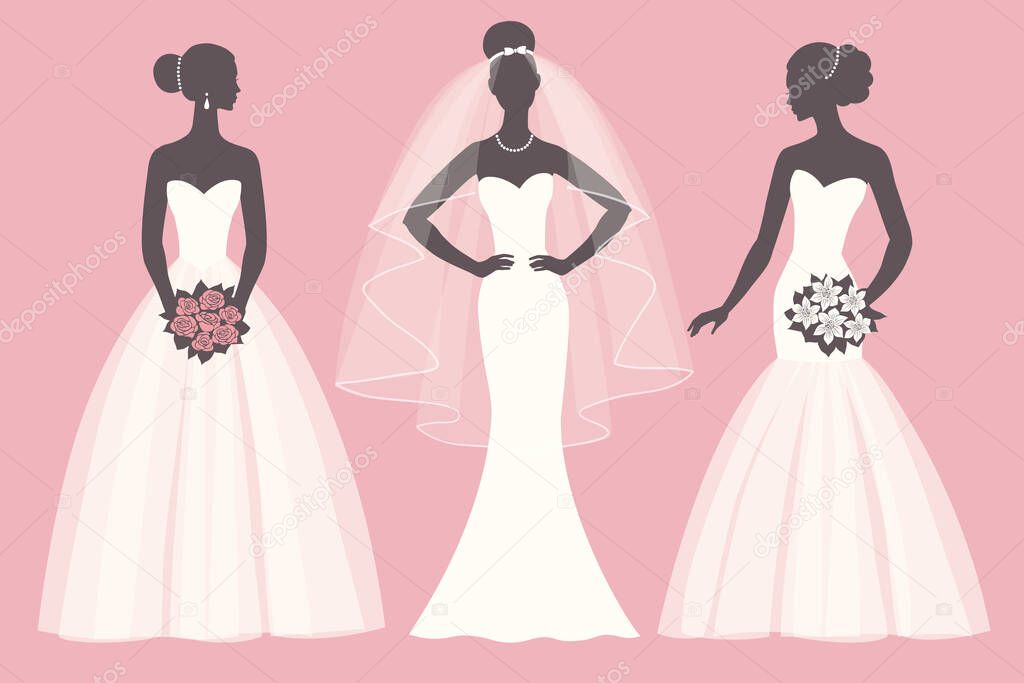 Silhouettes of the brides in different dresses, vector illustration for greeting card, invitation, banner, flyer.