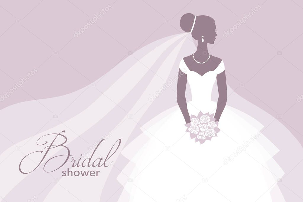 Bride in a wedding dress, holding a bouquet, vector illustration for design: invitation, greeting card, template for the bridal shower.