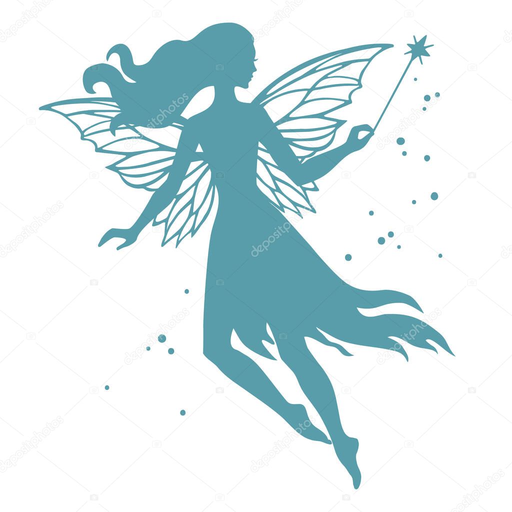 Silhouette of flying fairy, vector  illustration isolated on white.