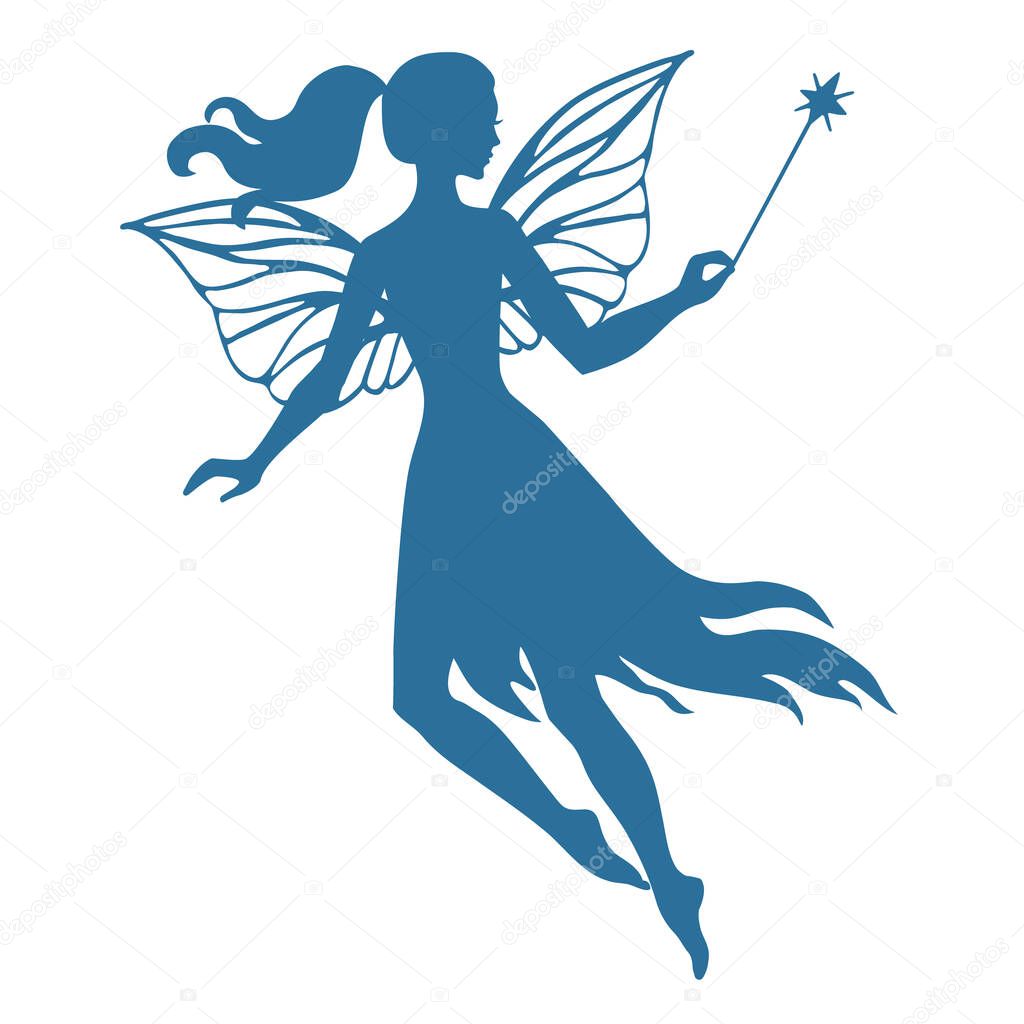 Silhouette of flying fairy, vector  illustration isolated on white.