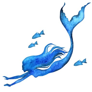 Denizkızı, elle boyanmış suluboya vektör silueti çizimi.