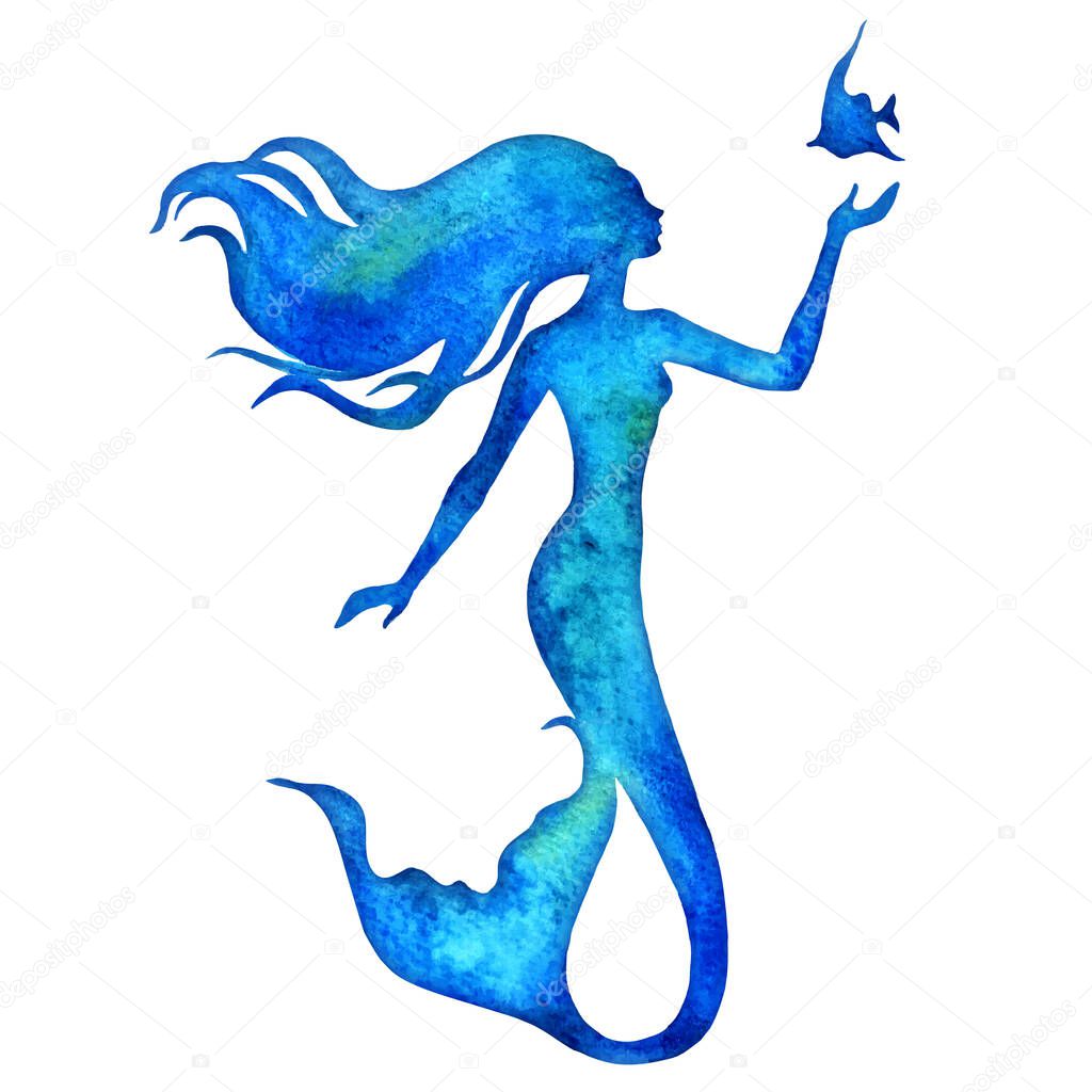 Mermaid, hand painted watercolor vector silhouette illustration.