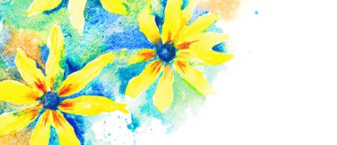 Rudbeckia. Çiçekli suluboya arkaplan, tebrik kartı şablonu, davetiye, afiş.