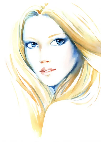 Krásné Mladé Ženy Dlouhými Blond Vlasy Ručně Malovat Akvarel Ilustrace — Stock fotografie