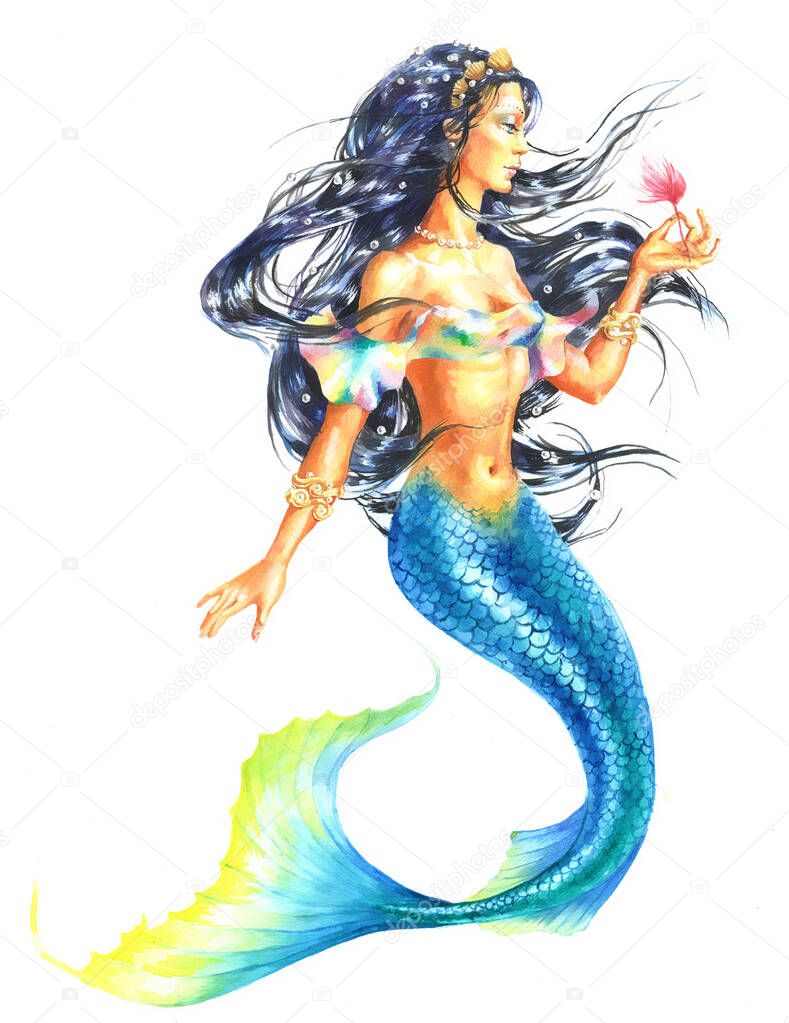 Watercolor hand painted mermaid holding a flower, on white background.