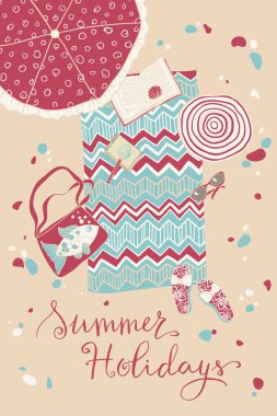 Poster, tebrik kartı, davetiye ve afiş için el çizimi yaz mevsimi sahil vektör ilüstrasyonu.