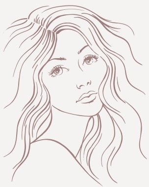 Uzun dalgalı saçlı, el çizimi keten vektör resimli güzel genç kadınlar..