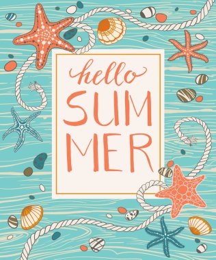 El yapımı seastarlar, ip, seastonlar ve ahşap arka planda deniz kabukları. El yazısıyla yazılmış, vektör illüstrasyonu, kart daveti için dekoratif çerçeve, pankart.