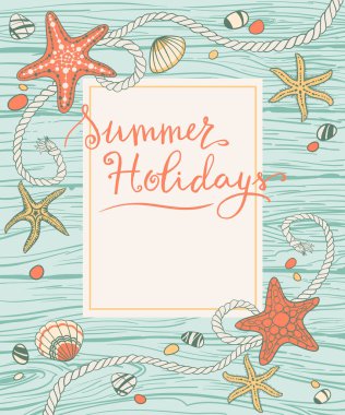 El yapımı seastarlar, ip, seastonlar ve ahşap arka planda deniz kabukları. El yazısıyla yazılmış Vektör illüstrasyonu, dekoratif çerçeve