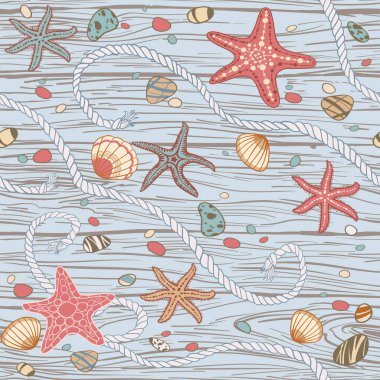 El yapımı seastarlar, ip, seastonlar ve ahşap arka planda deniz kabukları. Vektörsüz desen.