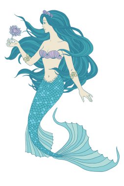 Beyaz arka planda çiçek tutan el çizimi denizkızı, keten vektör çizimi.