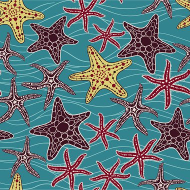 Deniz yıldızının el çizimi vektör kusursuz desen. Tekstil, duvar kağıdı ve kartlar için yaz denizi arka planı.