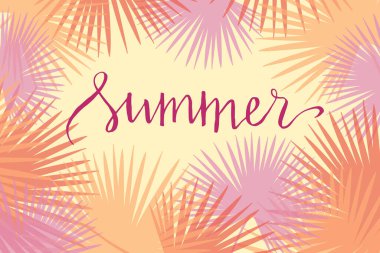 Palmiye yapraklı ve harfli yaz posteri, palmiye yapraklı tropikal arkaplan, vektör illüstrasyonu.