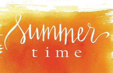 Yaz zamanı, suluboya fırça darbesi arka planında el boyası vektörü, yaz tasarımı, afiş, tipografi posteri.