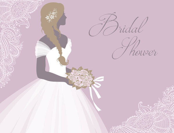 Bride in a wedding dress, holding a bouquet, vector illustration