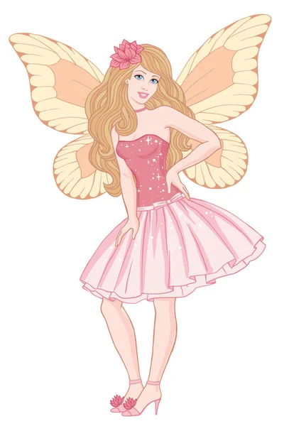 漂亮的女孩穿着粉红的衣服和蝴蝶翅膀 手绘矢量图 白色背景 — 图库矢量图片