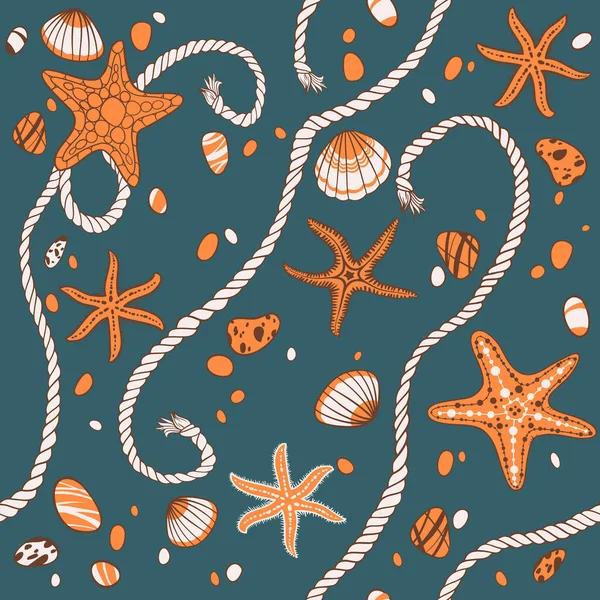 手描きの星 ロープ 石や貝殻 ベクトルシームレスパターン — ストックベクタ