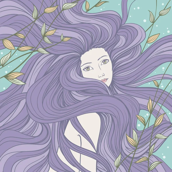 Beautiful Mermaid Lilac Streaming Hair Hand Drawn Vector Illustration — Stock Vector
