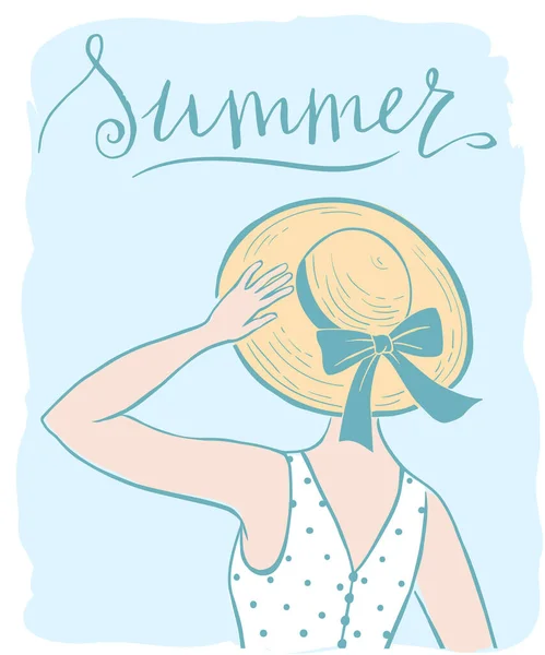 Girl Straw Hat Back Hand Written Wold Summer Hand Drawn - Stok Vektor