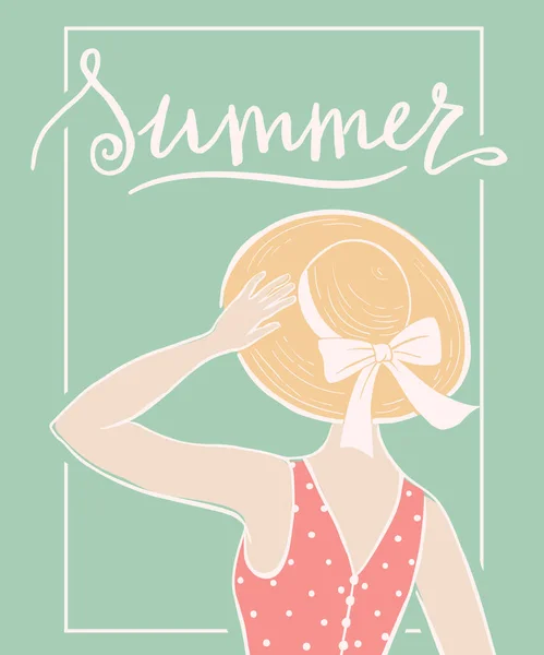 Fille Dans Chapeau Paille Dos Avec Écrit Main Summer Illustration — Image vectorielle
