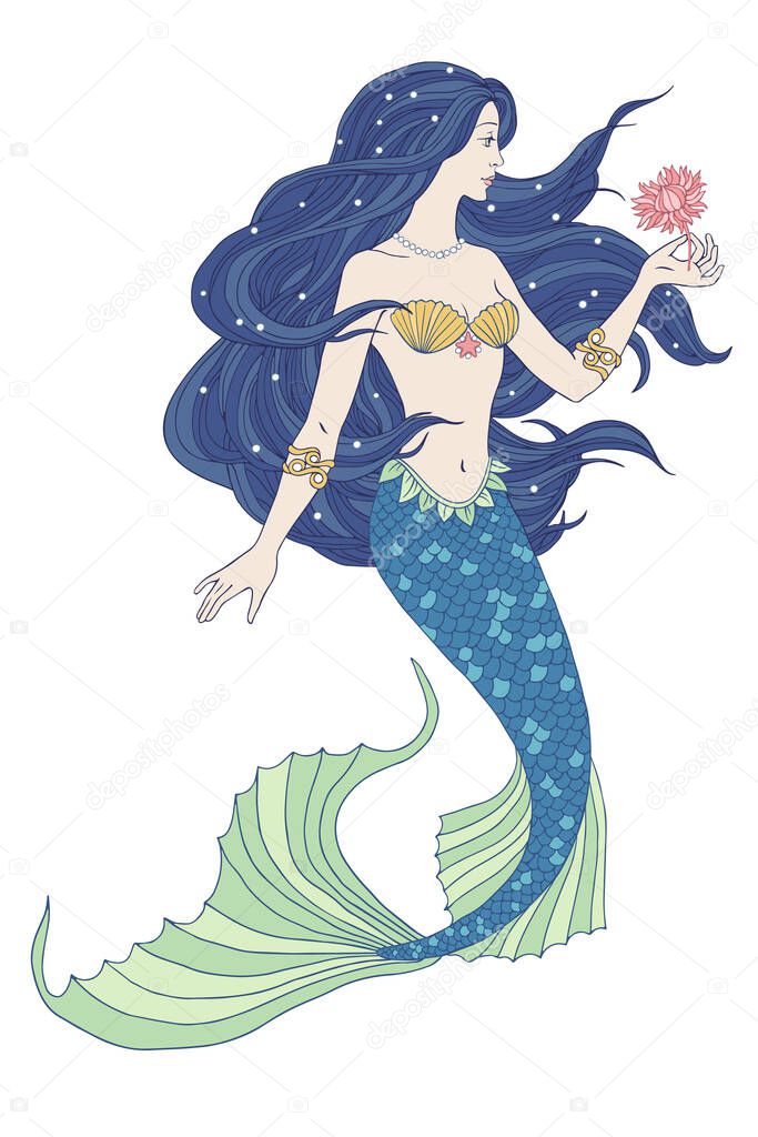 Hand drawn mermaid holding a flower, on white background, linen color