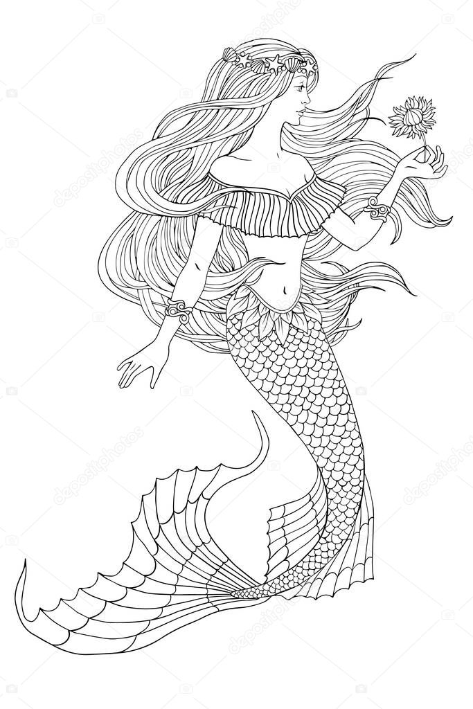 Hand drawn mermaid holding a flower, on white background, linen vector illustration for coloring book.