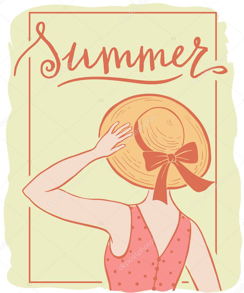 Girl in a straw hat from the back, with hand written wold 