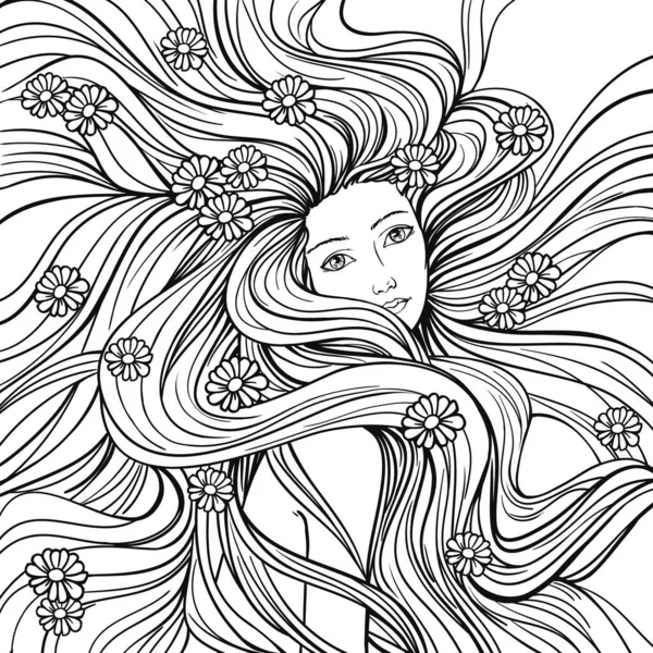 Girl Streaming Hair Flowers Linen Hand Drawn Vector Illustration Coloring — Stock Vector