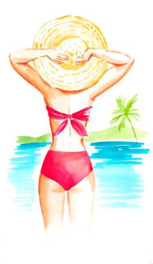 Plajda hasır şapkalı ve mayo giyen bir kız suluboya elle beyaz arka planda resim çizmiş..