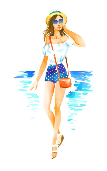 Mädchen Mit Strohhut Und Sonnenbrille Shorts Sommerlook Aquarell Illustration Auf — Stockfoto