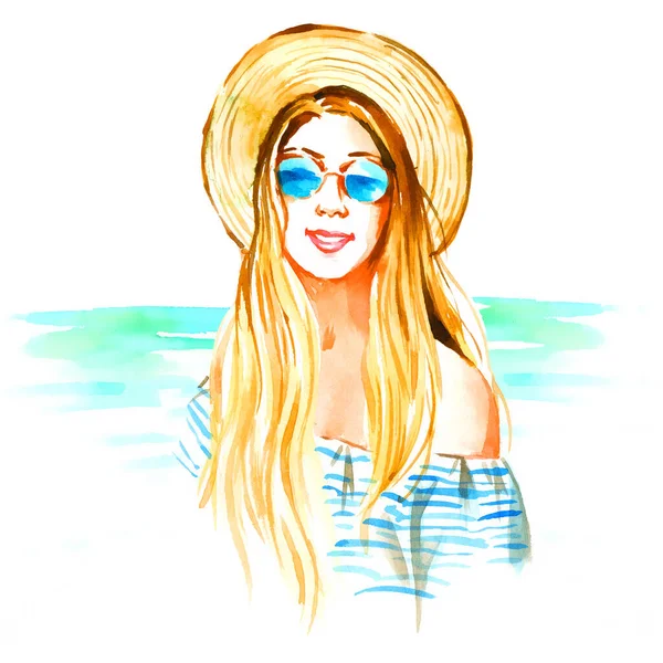 ストロー帽子の笑顔の女の子 夏の水彩手は白の背景にイラストを描いた — ストック写真