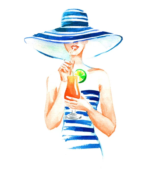 帽子の女の子とカクテルと水着 白地に水彩手描きイラスト — ストック写真