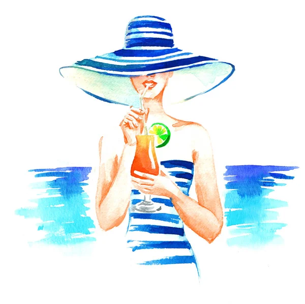 Dziewczyna Kapeluszu Strój Kąpielowy Koktajlem Akwarela Ręcznie Malowane Ilustracja Białym — Zdjęcie stockowe