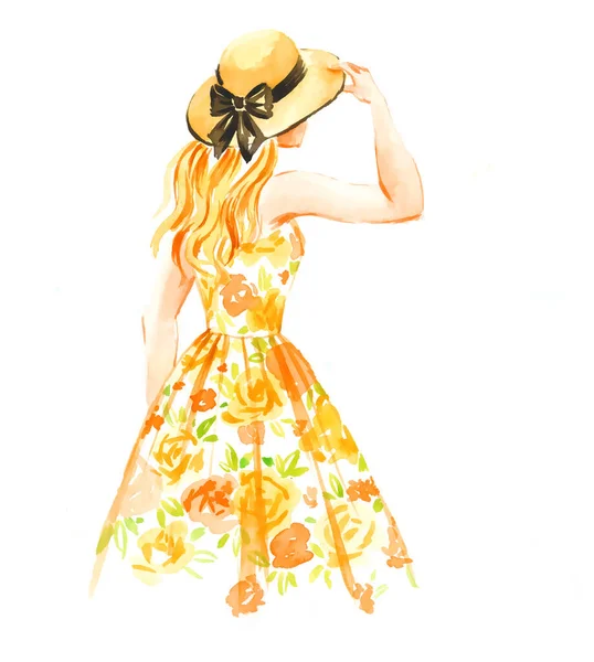 Girl Straw Hat Vintage Dress Summer Watercolor Hand Painted Illustration — Stock Photo, Image