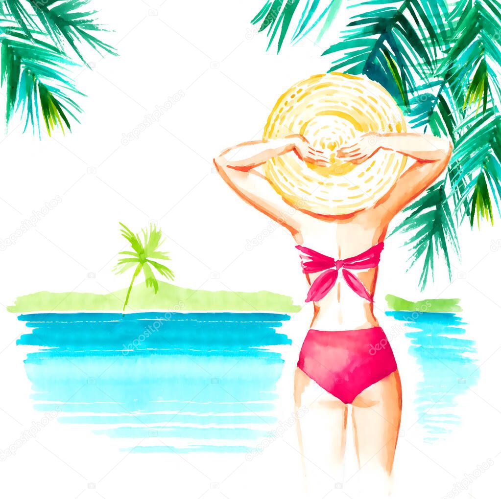 Girl in straw hat and swimsuit in the beach, watercolor hand painted  illustration on white background.