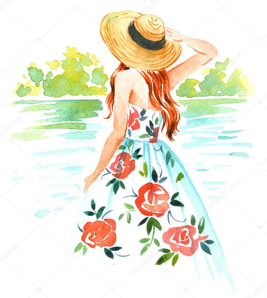 Girl in straw hat and vintage dress near the river, summer watercolor hand painted  illustration on white background.