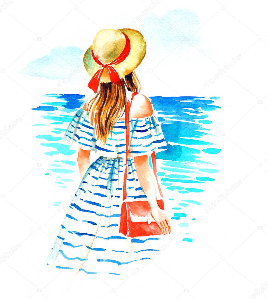 Girl in straw hat and vintage stripped dress near the sea, summer watercolor hand painted  illustration on white background.