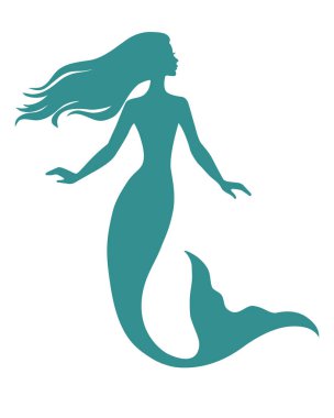 Deniz kızı silueti, el çizimi vektör çizimi beyaz, logo, t-shirt tasarımı.