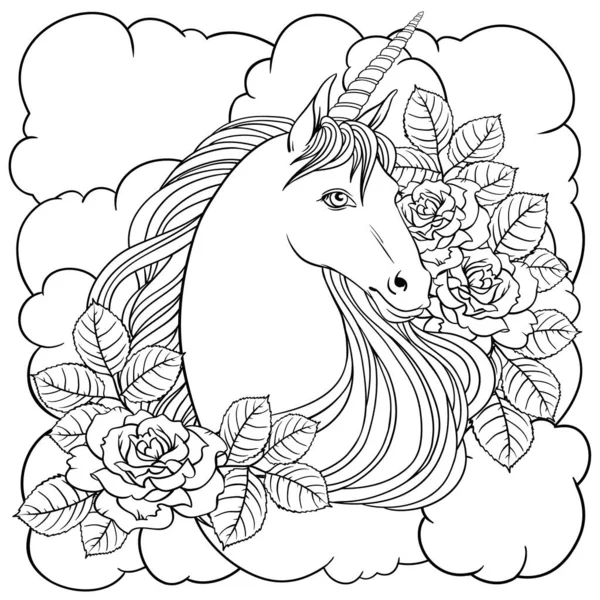 Unicorn Clouds Roses Hand Drawn Vector Linen Illustration Logotype Coloring — Stock Vector