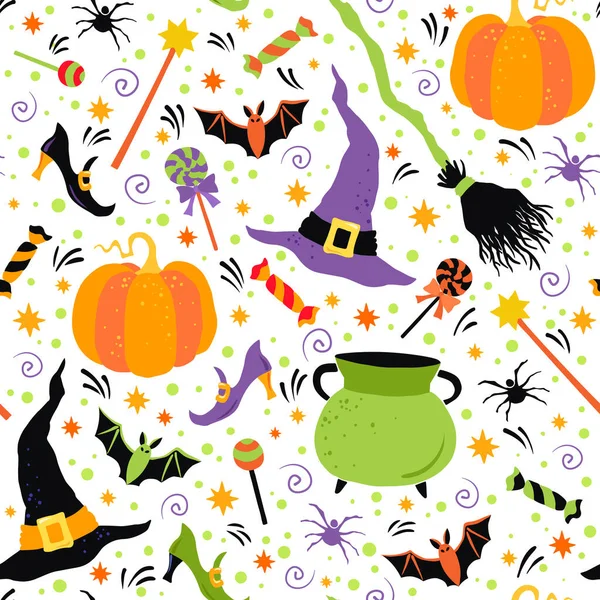 Halloween Vacaciones Dibujado Mano Vector Patrón Sin Costuras — Vector de stock