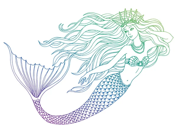 Hand Drawn Mermaid White Background Linen Vector Illustration — Stock Vector