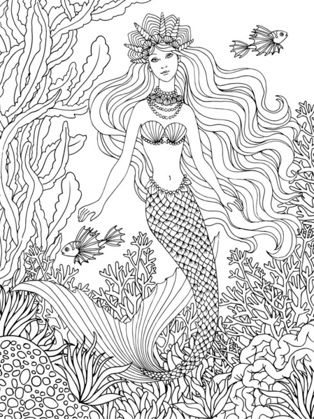 Sirena Flora Sottomarina Disegno Vettoriale Lino Disegnato Mano Sfondo Bianco — Vettoriale Stock