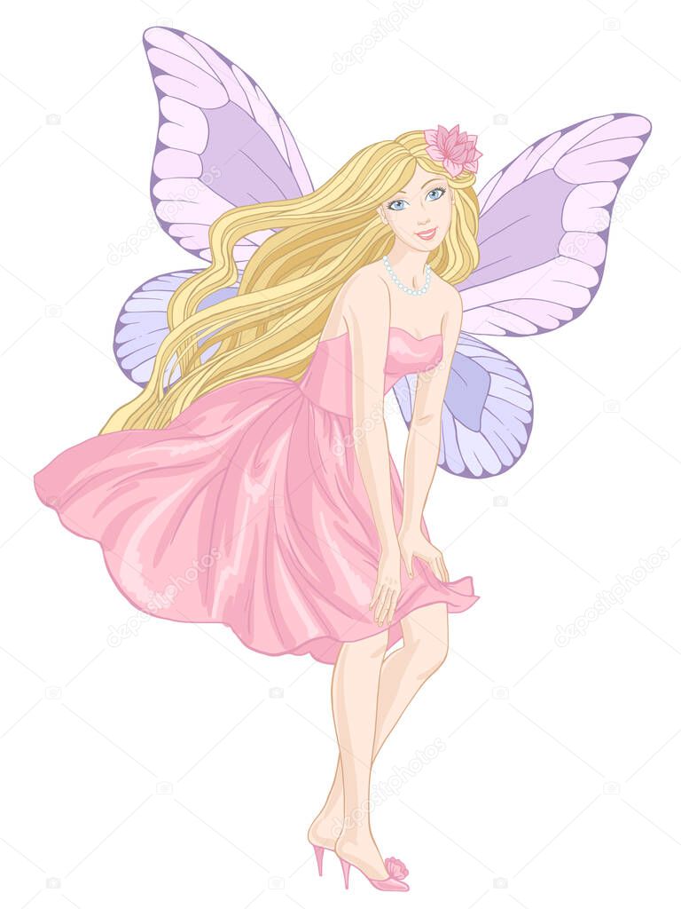 Beautiful fairy in pink fluttering dress, hand drawn vector illustration on a white background.