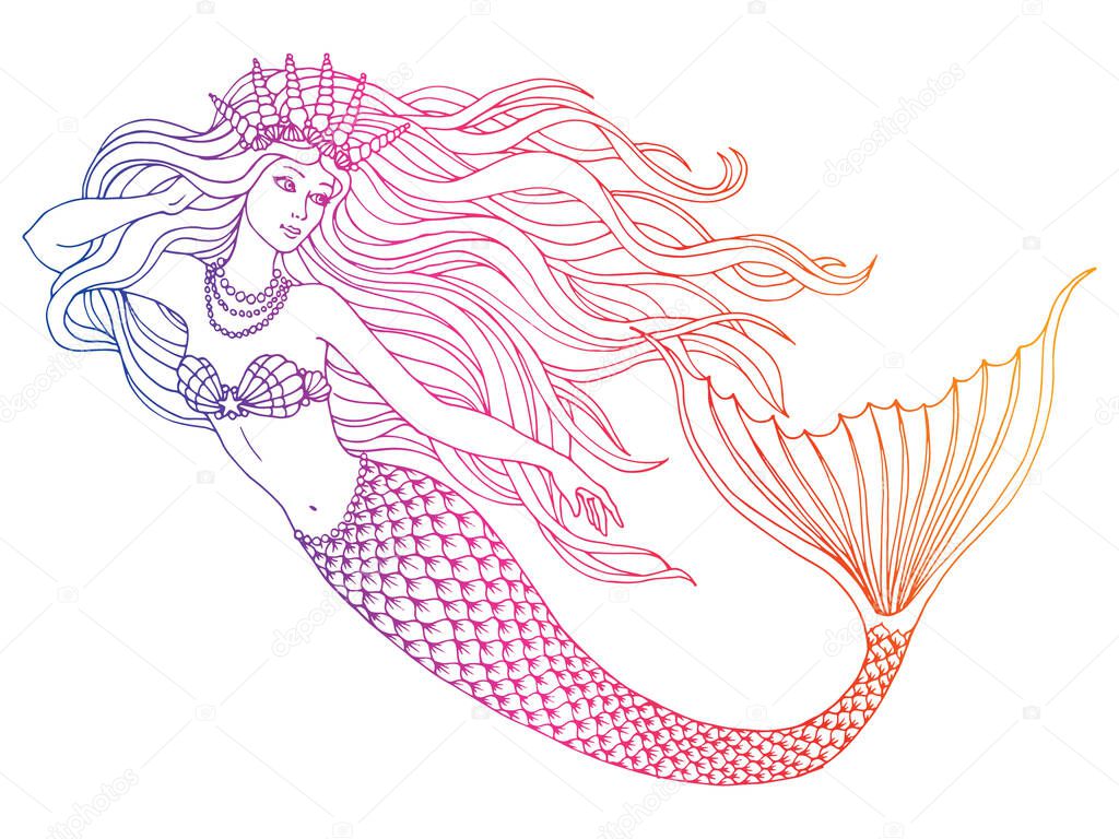 Hand drawn mermaid  on white background, linen vector illustration.